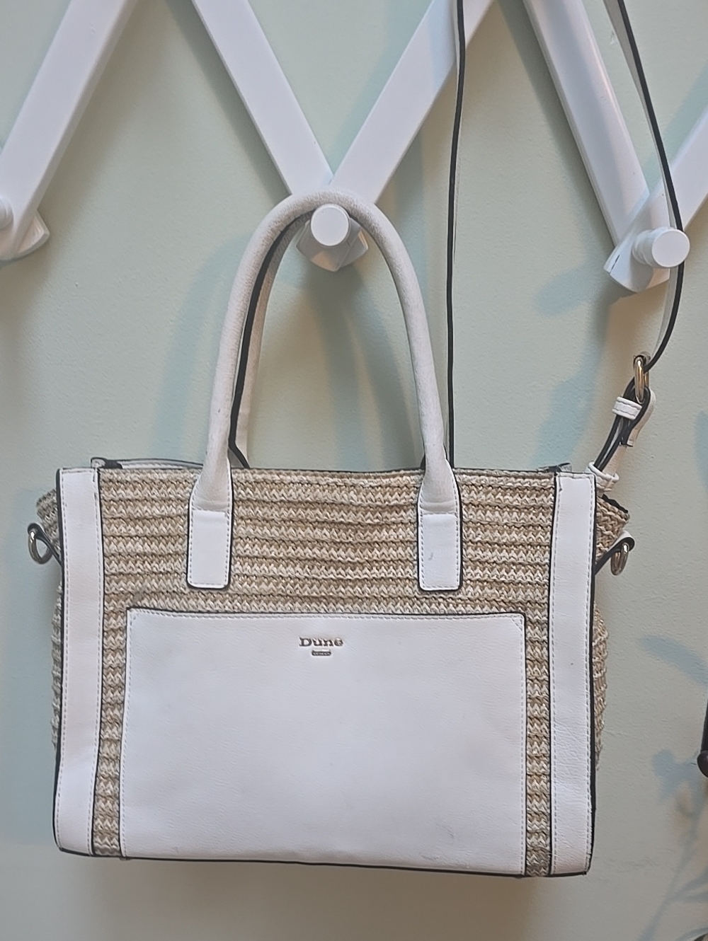 Dune London Woven Straw & White Faux Leather Satchel w/Crossbody Strap